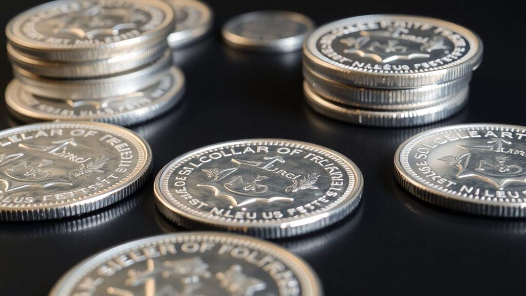 Silver dollars scattered and stacked, gleaming.