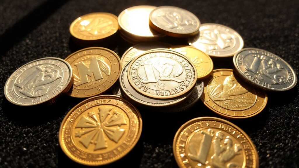 Collection of valuable gold and silver coins.