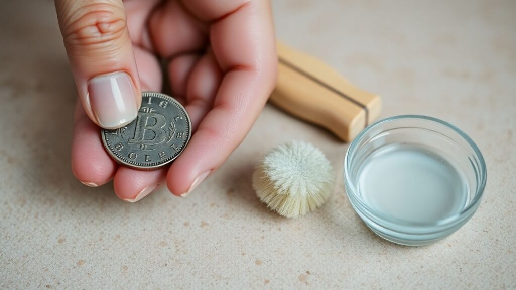 Hand cleaning a tarnished coin with a soft brush.