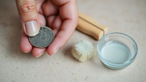 Hand cleaning a tarnished coin with a soft brush.