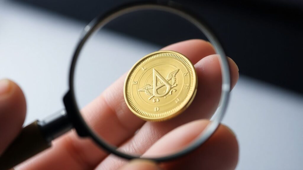 Expert coin authentication in Tampa with a magnifying glass.
