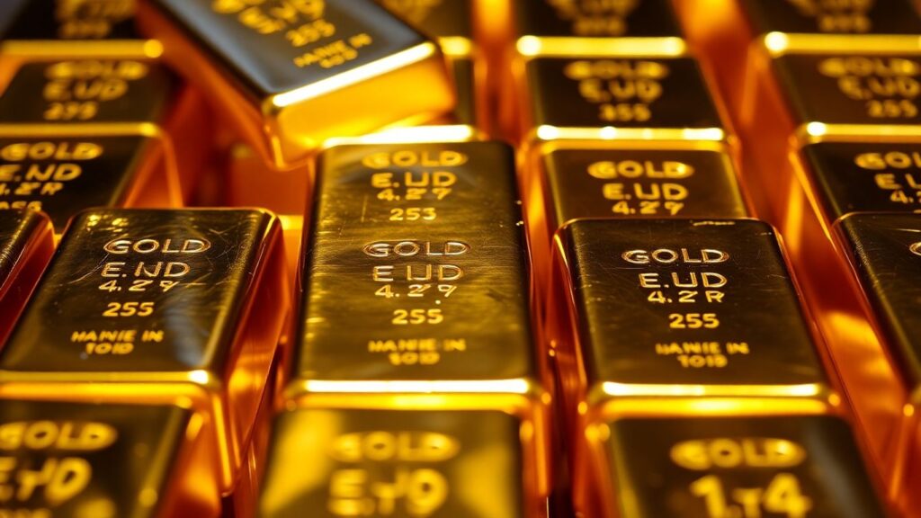 Gold bullion bars stacked