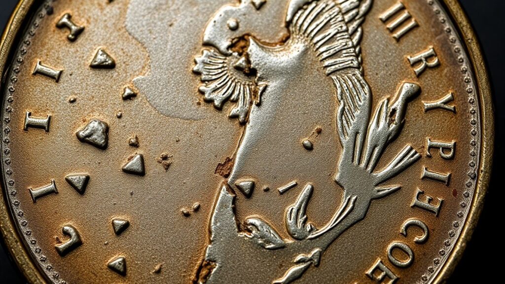 Close-up of a worn coin showing detailed surface imperfections.