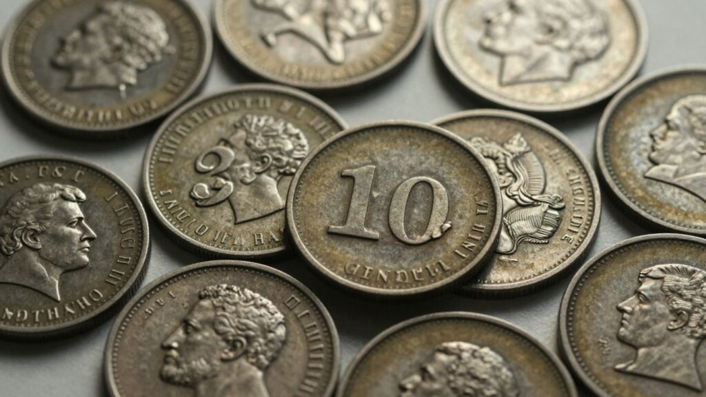 Close-up of antique coins with visible mint dates.
