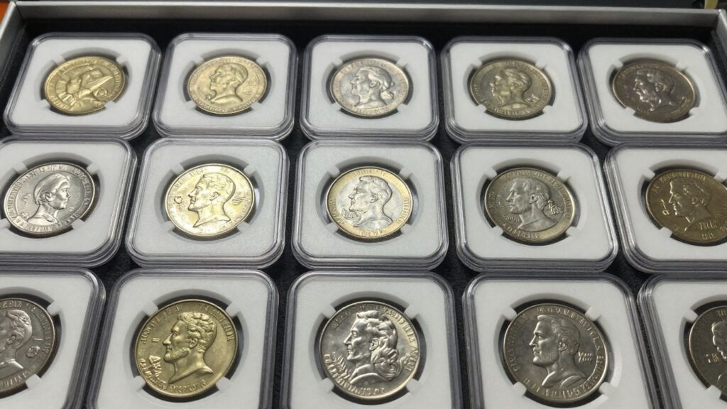 Organized coin collection in a display case.