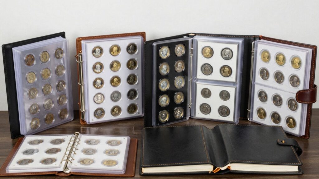 Various coin albums and coin collection storage options.