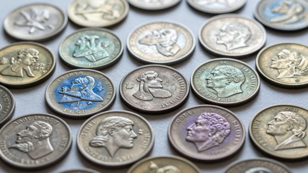 Colorful toned coins, close-up photographic detail.