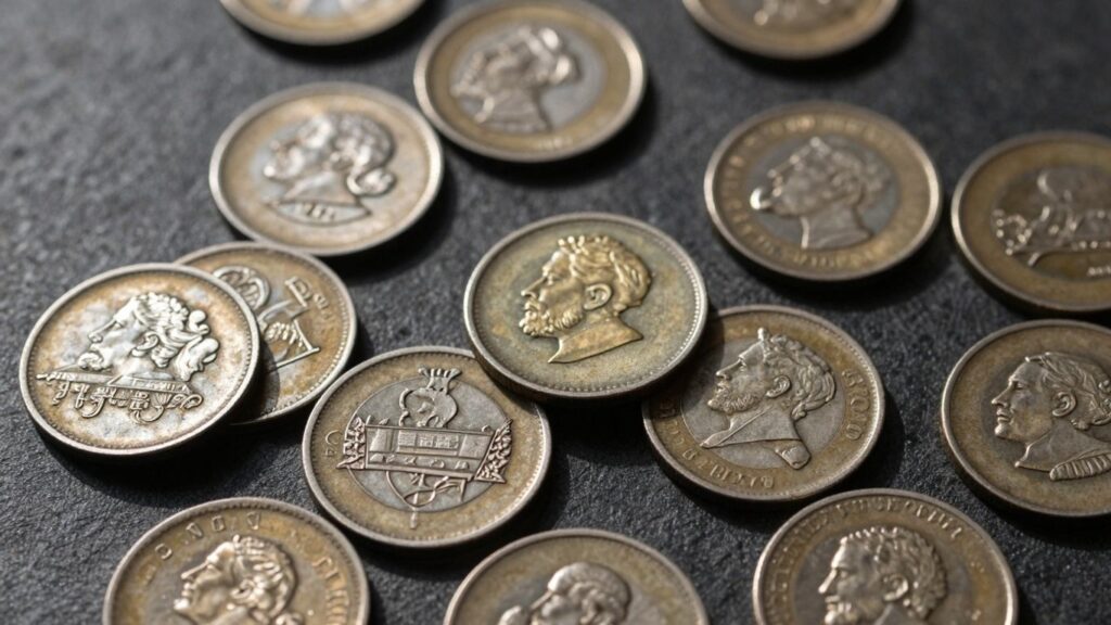 Old coins scattered on a dark surface, close-up.