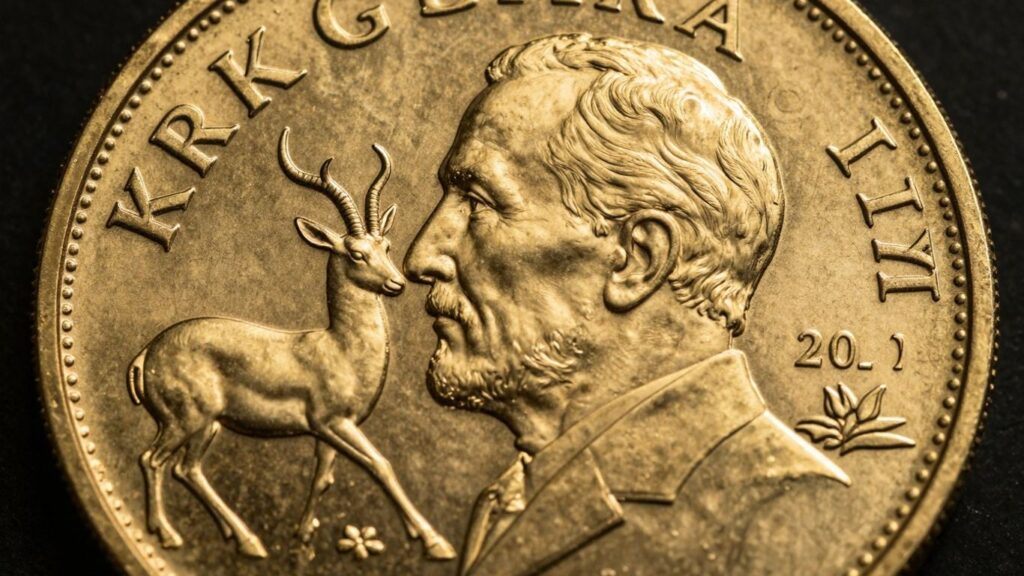 Gold Krugerrand coin with springbok and profile.