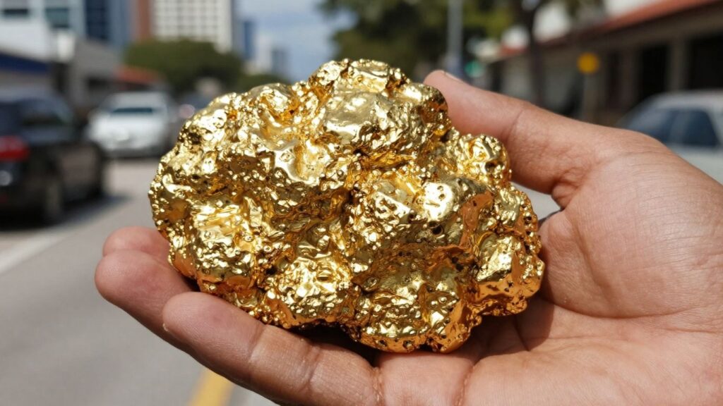 Gold nugget held in hand, Tampa cityscape background.