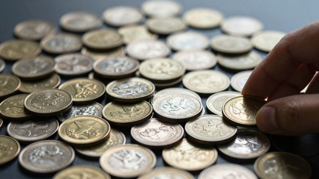 Gold and silver coins being sorted by hand.