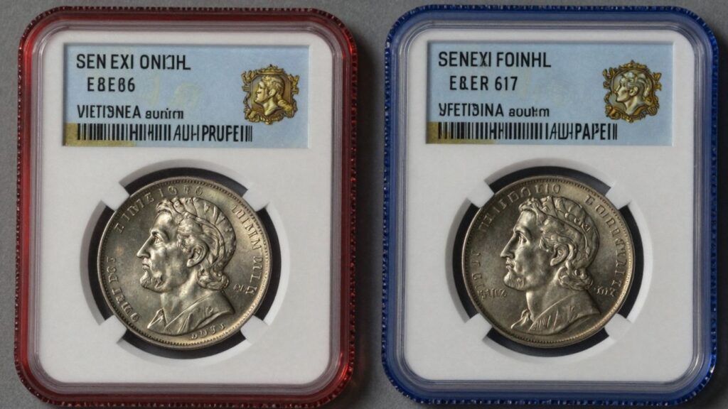 PCGS and NGC coin grading slabs with coins.