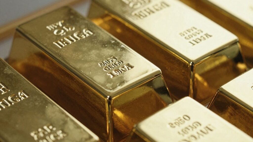 Gold bars stacked, gleaming in sunlight.