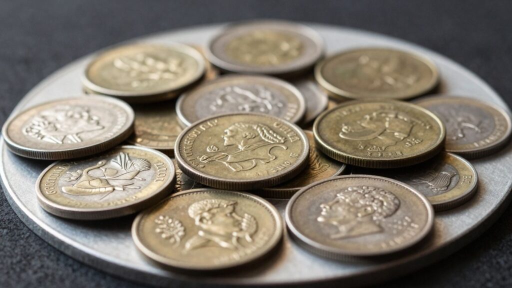 Collection of rare and common coins, close-up view.
