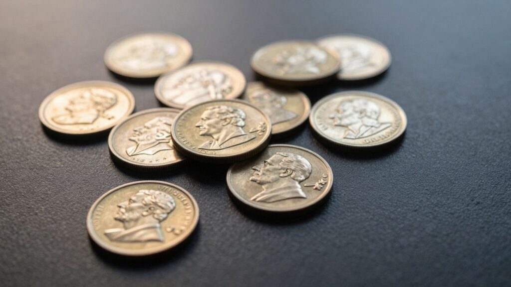 Collection of shiny commemorative coins