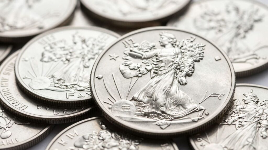 Silver Eagle coins stacked and gleaming