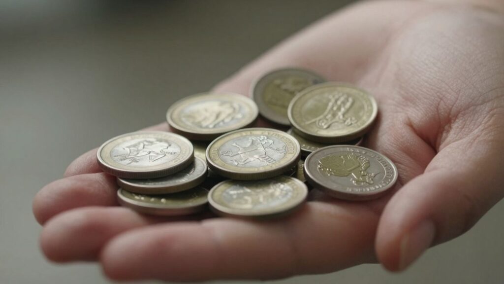Hands carefully holding various detailed coins.