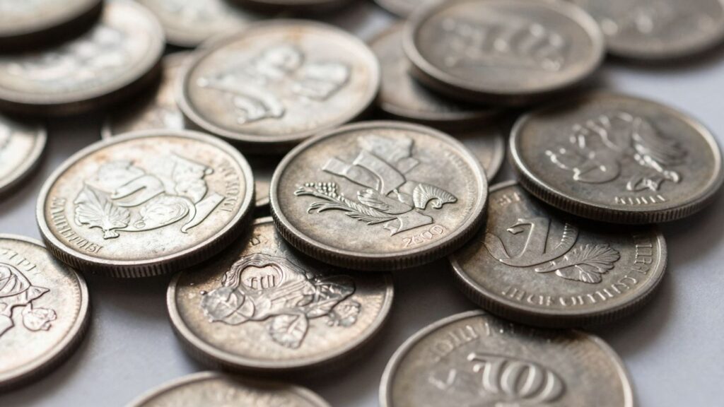 Melted and mint condition coins side-by-side.