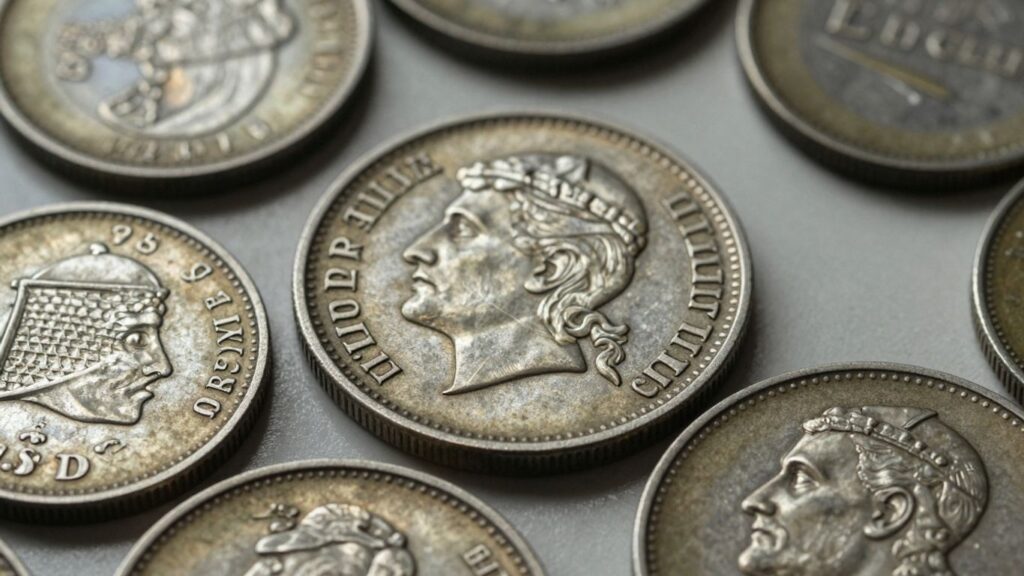 Close-up of coins showing dates and mintmarks.