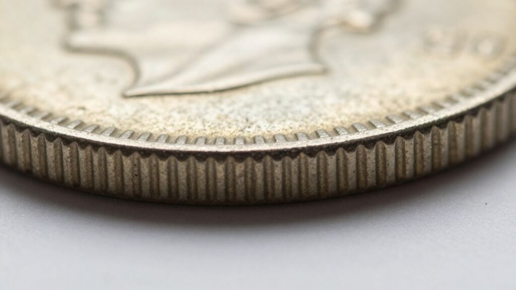 Close-up of a coin's reeded edge with vertical lines.