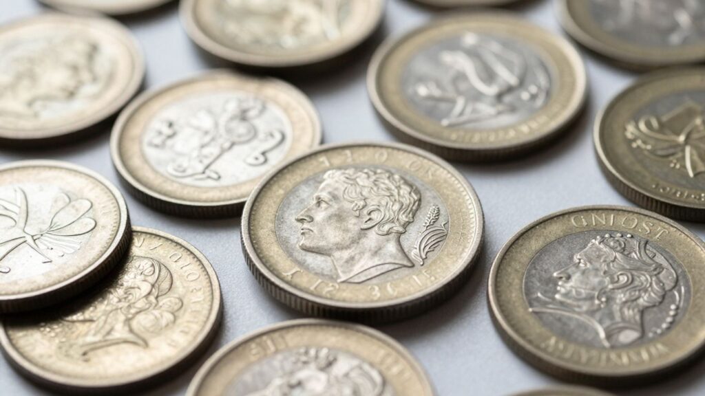 Close-up of coins, some cleaned, some original.