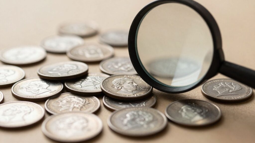 Close-up of error coins with a magnifying glass.