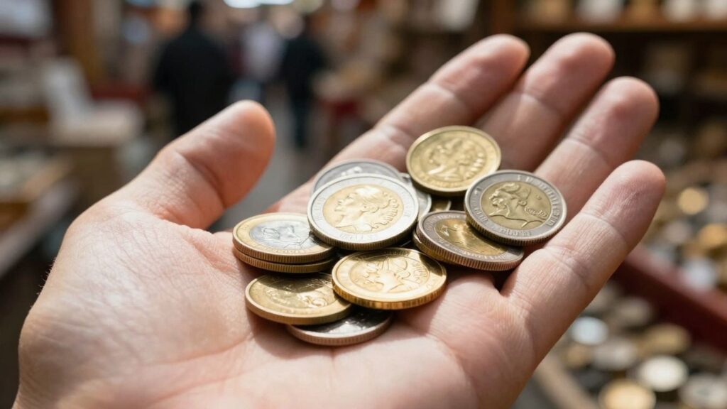 Hand holding gold and silver coins, Tampa coin buyer