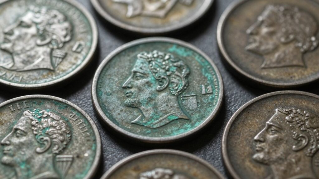 Corroded ancient coins with green patina and dark tarnish.