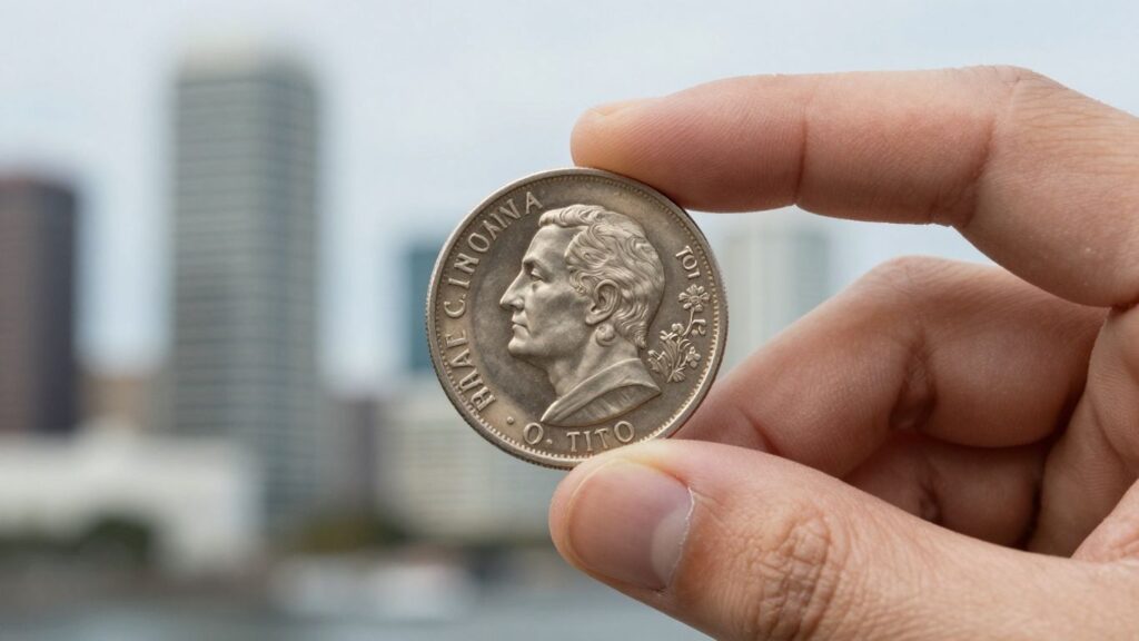 Valuable coin held in hand, Tampa background.