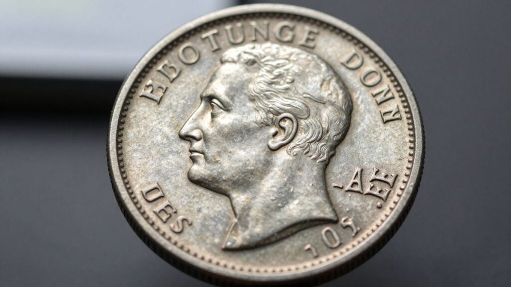 Close-up of a rare doubled die coin.