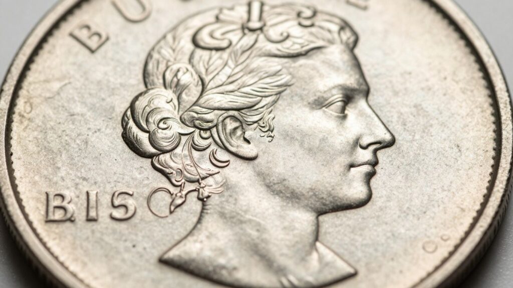 Close-up of a coin's detailed surface and strike quality.