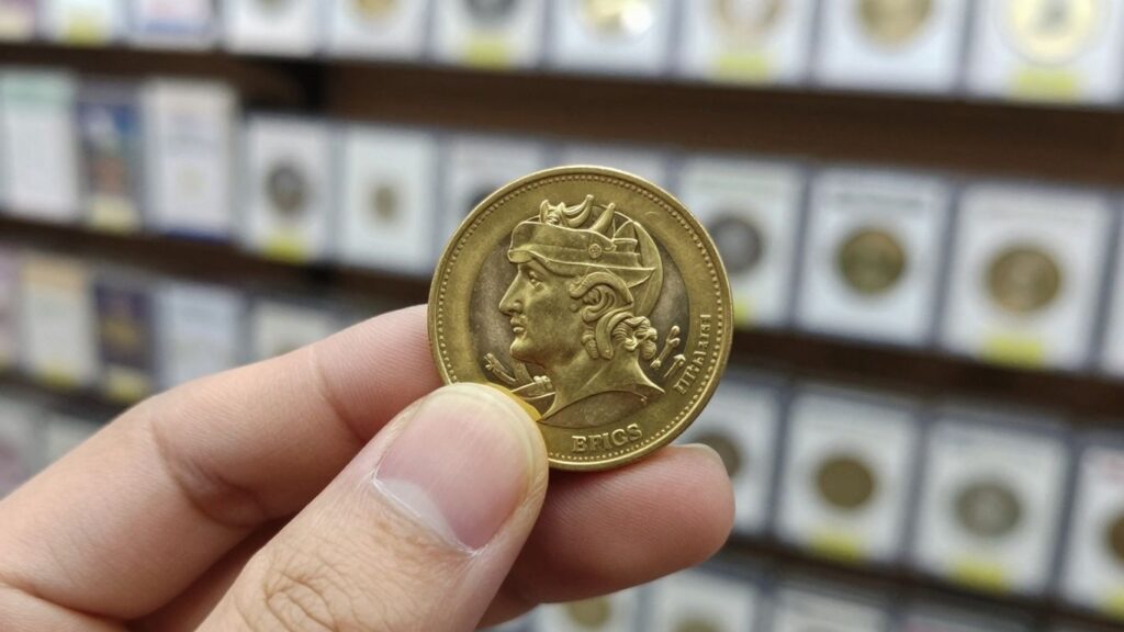 Hand holding a gold coin in a coin shop
