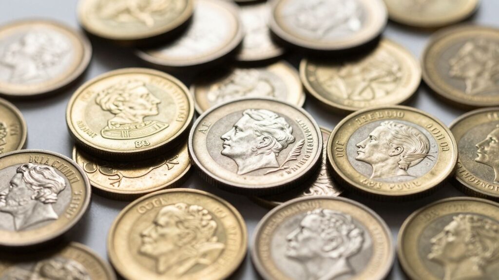 Collection of valuable gold and silver coins with detailed engravings.