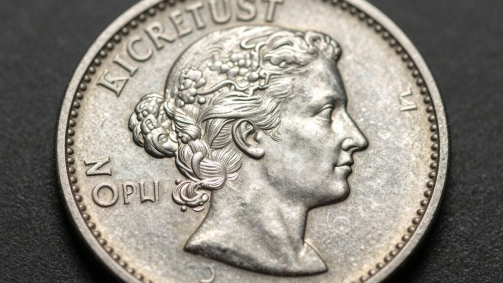 Close-up of a rare overstrike error coin with double impression.