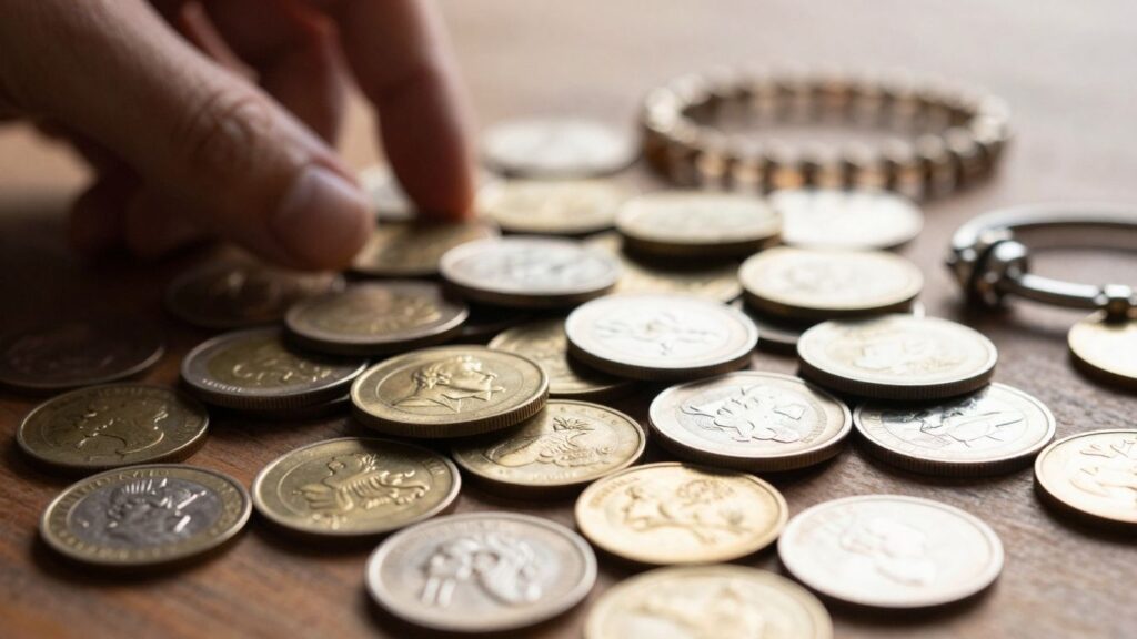 Gold and silver coins and jewelry for sale.