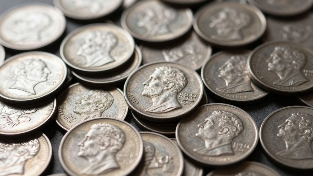 Pile of tarnished silver coins with historical profiles.