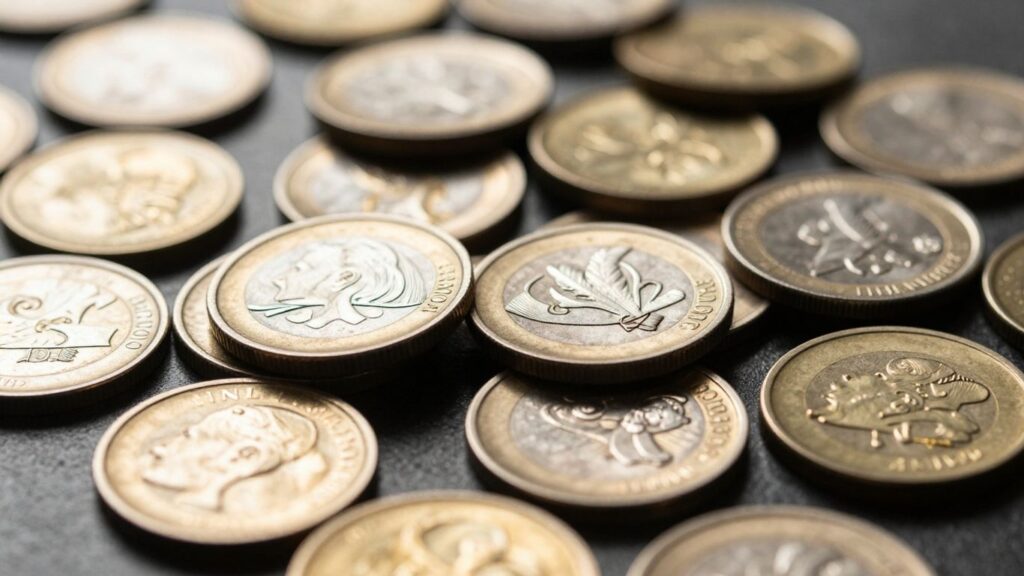 Collection of gold and silver coins scattered on a dark surface.