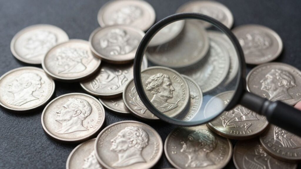 Calculating silver coin melt value with coins and magnifying glass.