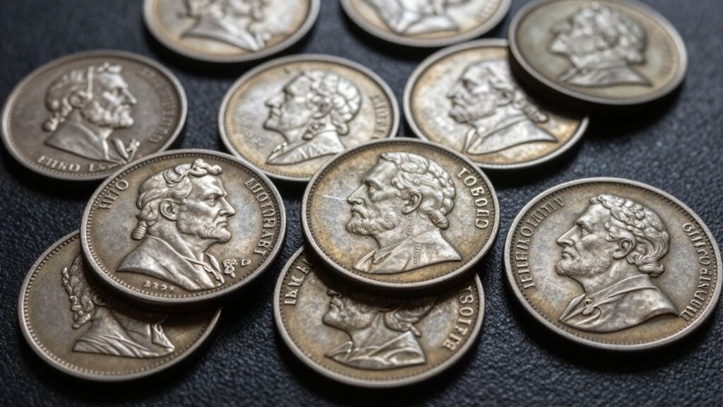 Colonial coins with historical details and aged patina.