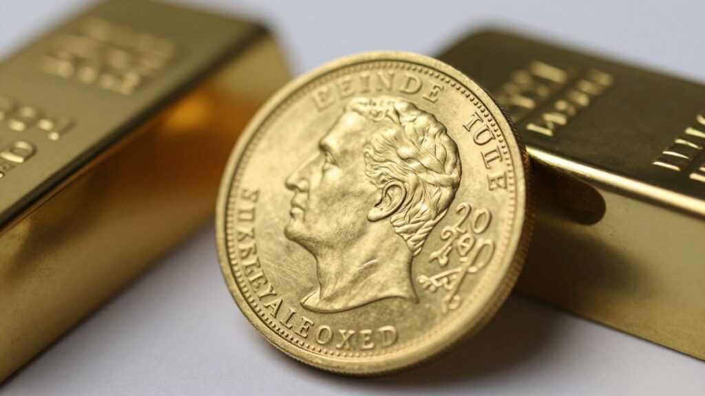 Close-up of a gold coin and precious metal bar.