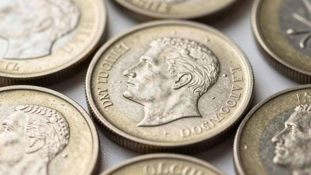 Close-up of shiny, detailed business strike coins.