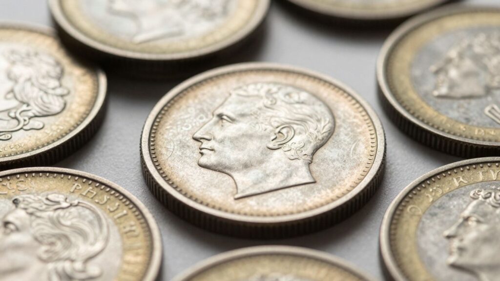 Close-up of different coin edges with reeding and patterns.