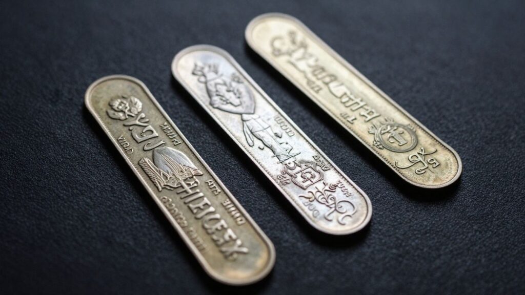 Elongated coins collection on a dark surface.