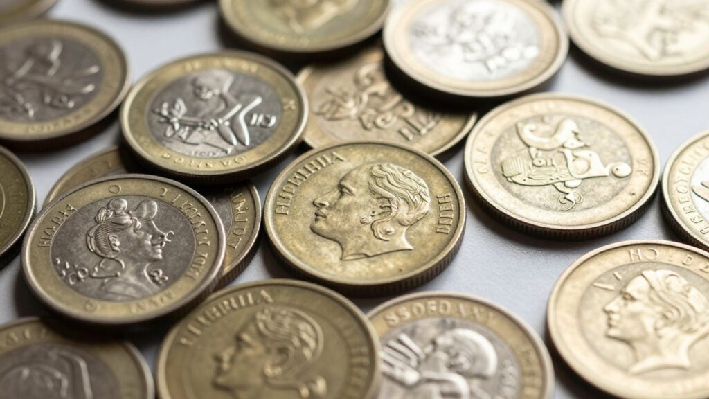 Close-up of layered coins showing metallic composition.