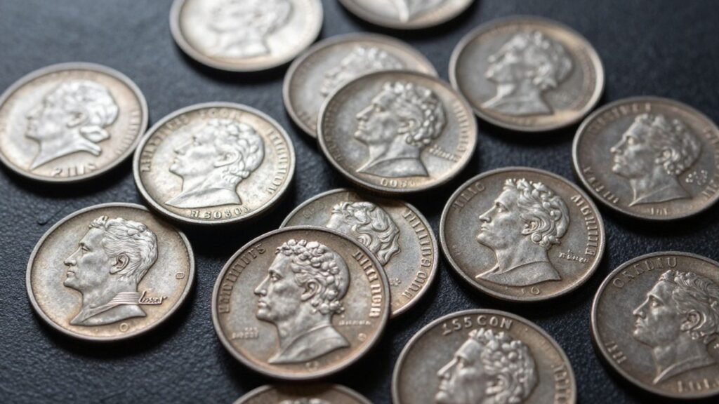 Old two-cent coins scattered on a dark surface.