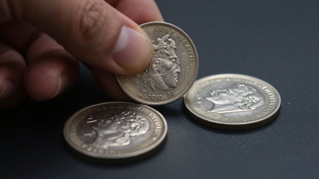 Close-up of silver coins being tested for authenticity.