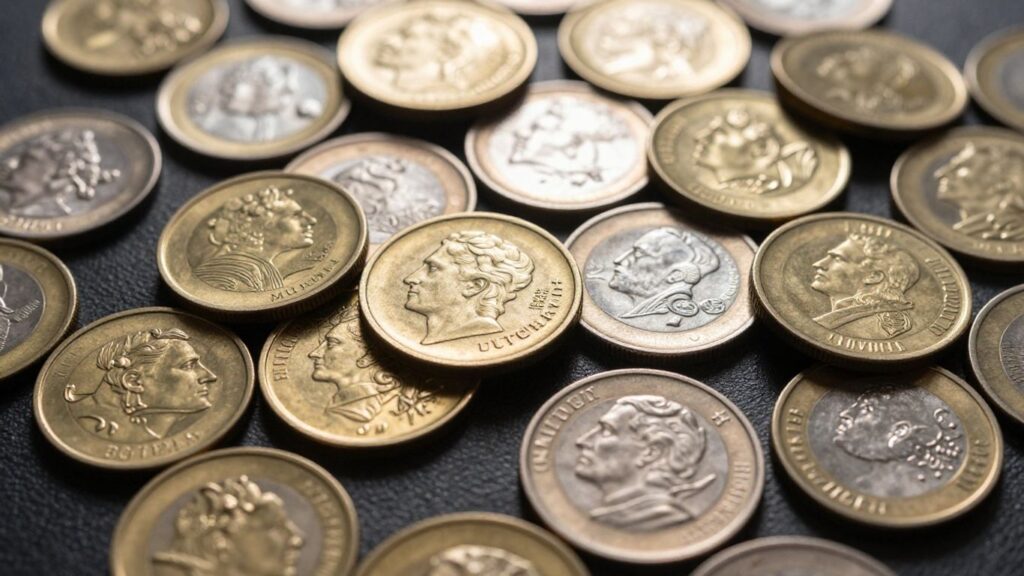 Gold and silver coins scattered on a dark surface.