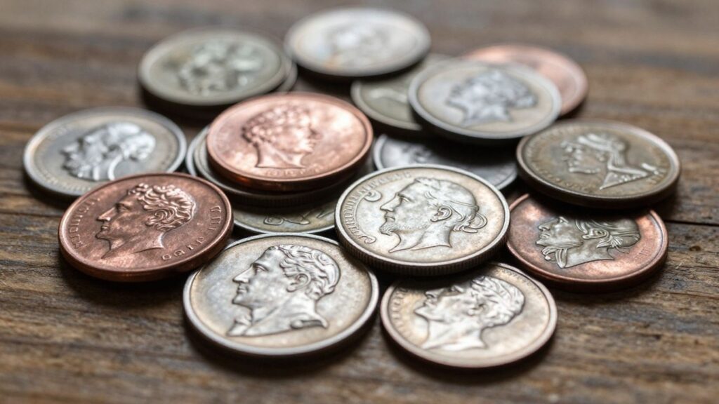 Ancient and modern metal coins on a wooden surface