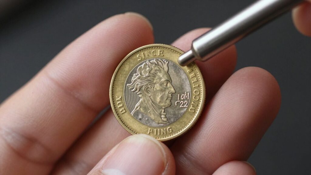 Hand holding gold coin, rod ready for ping test.
