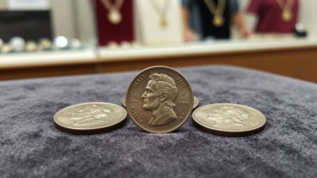 Three cent coins on velvet in Tampa coin shop
